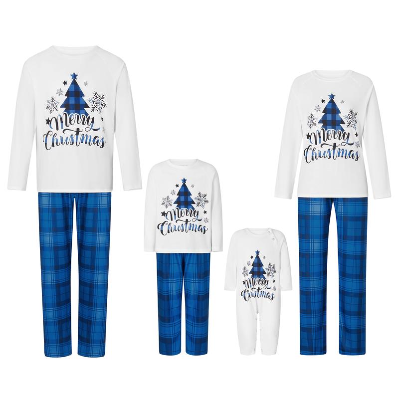 [Dad's Size Started From M] Family Matching Christmas Pajamas, Christmas Tree&Letter Print Long-Sleeved Tops + Plaid Trousers Sleepwear Outfits