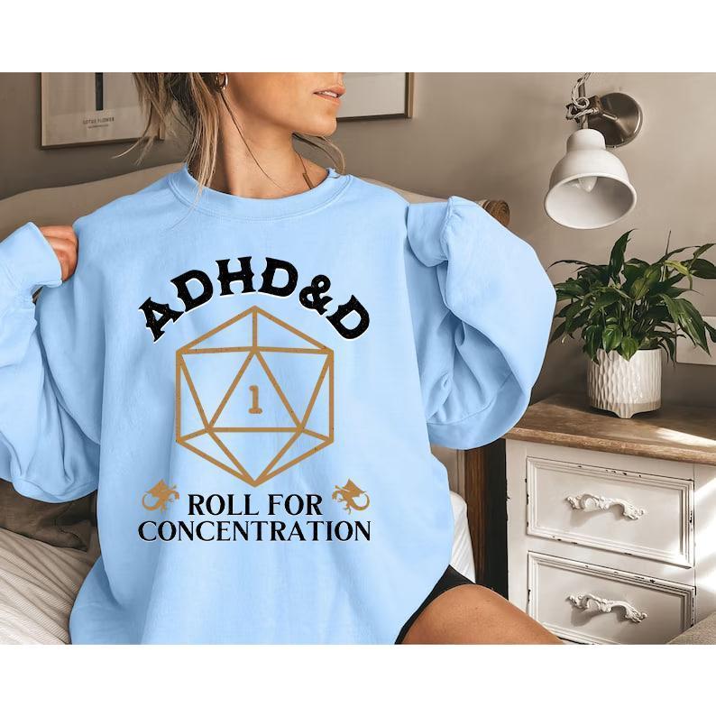 ADHD&D Roll for Concentration Sweatshirt, Dungeons and Dragons Dnd T-shirt, DnD Vintage Tee, ADHD Unisex shirt, DnD Shirt, RPG Gift, Dungeons Master Sweatshirt