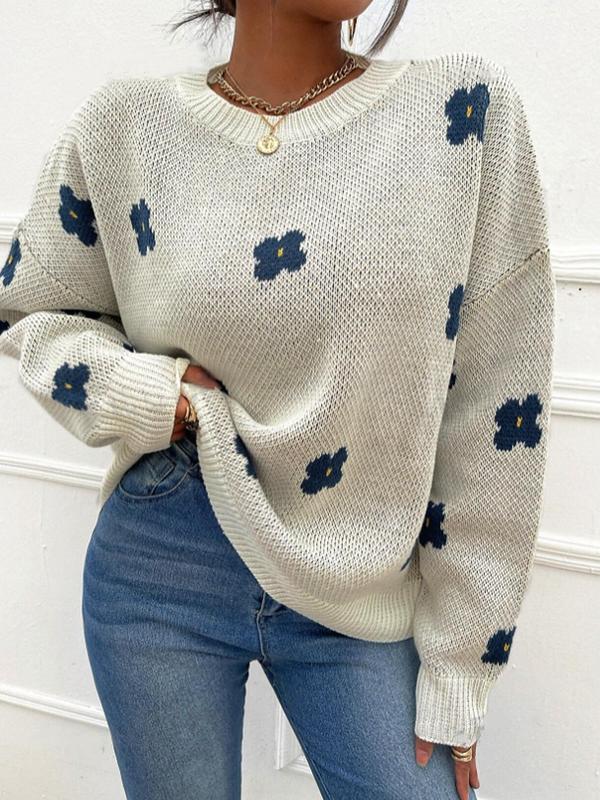 Women's Floral Print Drop Shoulder Sweater, Casual Long Sleeve Round Neck Jumper for Fall & Winter, Fashion Ladies' Knitwear for Daily Wear,  Fall Outfits 2024