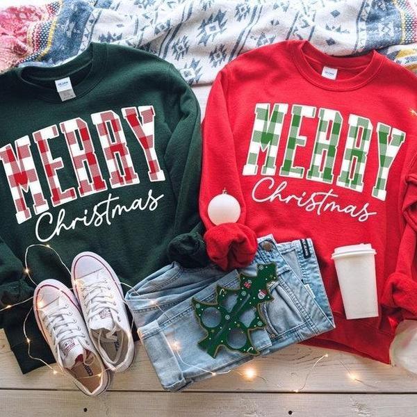 Merry Christmas Sweatshirt,  Plaid Sweater, Christmas Family crewneck, Xmas Gift Shirt, Woman Xmas Shirt, Cute Winter Holiday Sweater