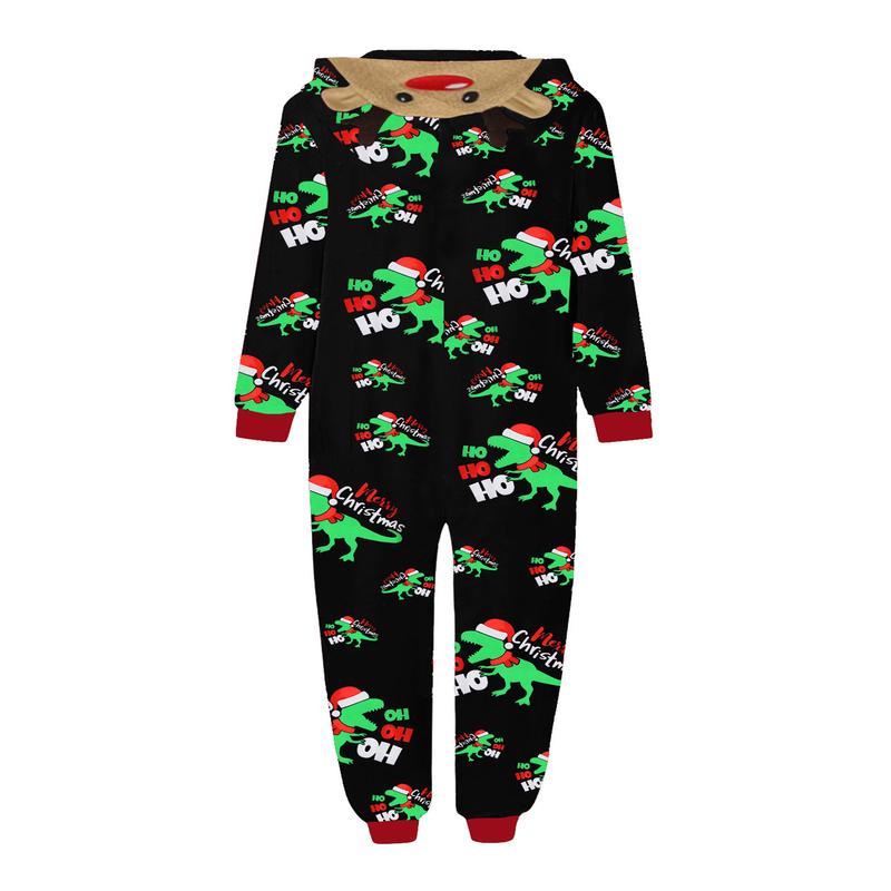 Christmas Family Matching Jumpsuit, Long Sleeve Hooded Dinosaur Print Zipper Closure Loungewear