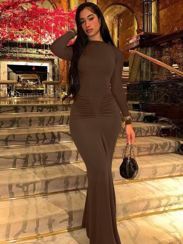 Women's Plain Ruched Stand Collar Bodycon Evening Dress, Elegant Long Sleeve Maxi Dress for Party & Banquet, Women's Clothing for Fall & Winter