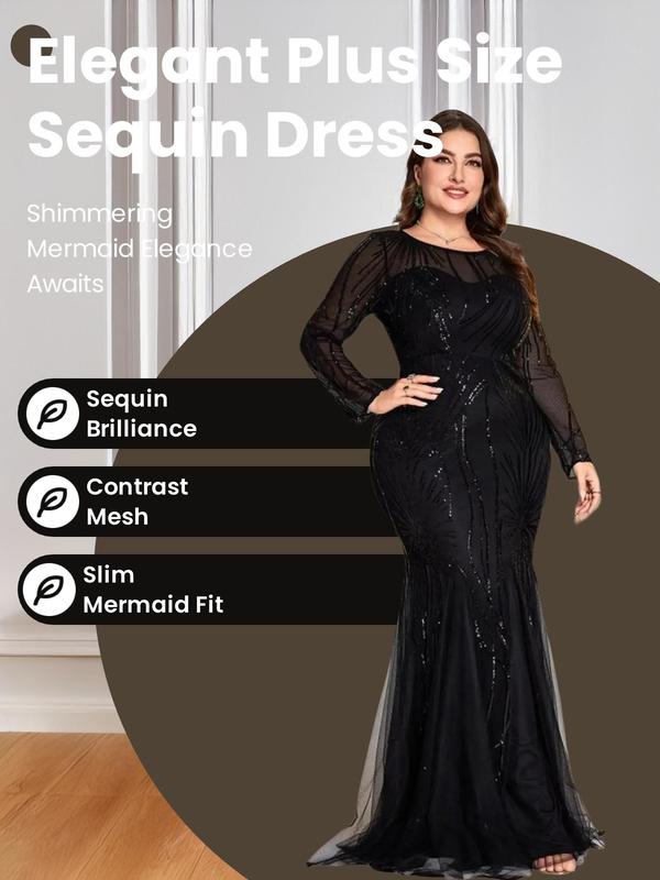 Plus Size Contrast Mesh Sequin Evening Dress, Birthday Dresses 2024,  Holiday Dresses, Elegant Formal Wear, Long Sleeve Round Neck Mermaid Dress for Party Formal Occasions, Women's Clothes for Spring & Fall, Birthday Outfit Black Girl