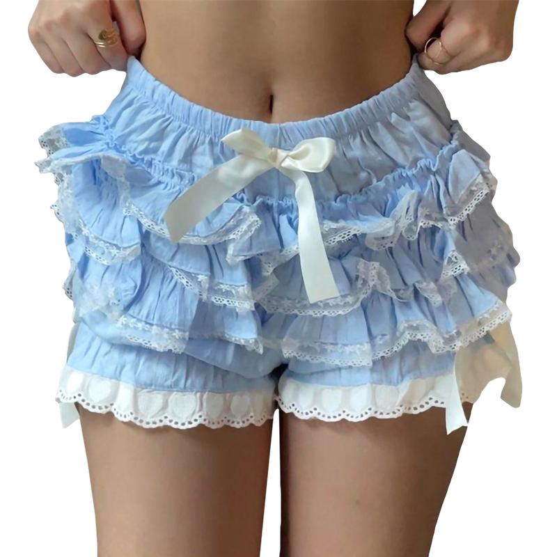 Women Cute Bow Front Elastic Lounge Shots High Waist Lace Trim Ruched Layered Pajama Shorts Bloomers Mini Shorts Skirts Bubble Skirts Pumpkin Shorts Pants y2k Shorts Homewear