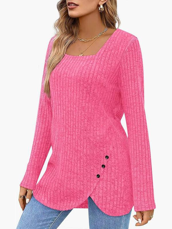 Women's Plain Button Front Ribbed Tee, Casual Long Sleeve Square Neck Top for Fall & Winter, Ladies' Knitwear for Daily Wear