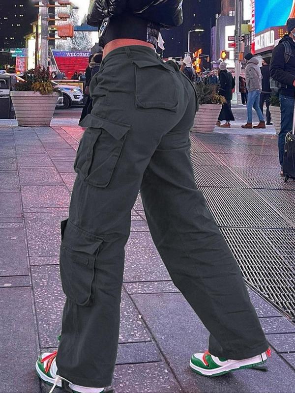 Women's Plain Multi-pocket Drawstring Cargo Pants, Street Fashion Casual High Waist Trousers for Daily Wear, Pants for Women, Ladies Bottoms for All Seasons, Cargo Pants Women, Downtown Girl Clothes, Hourglass Body in Baggy Clothes