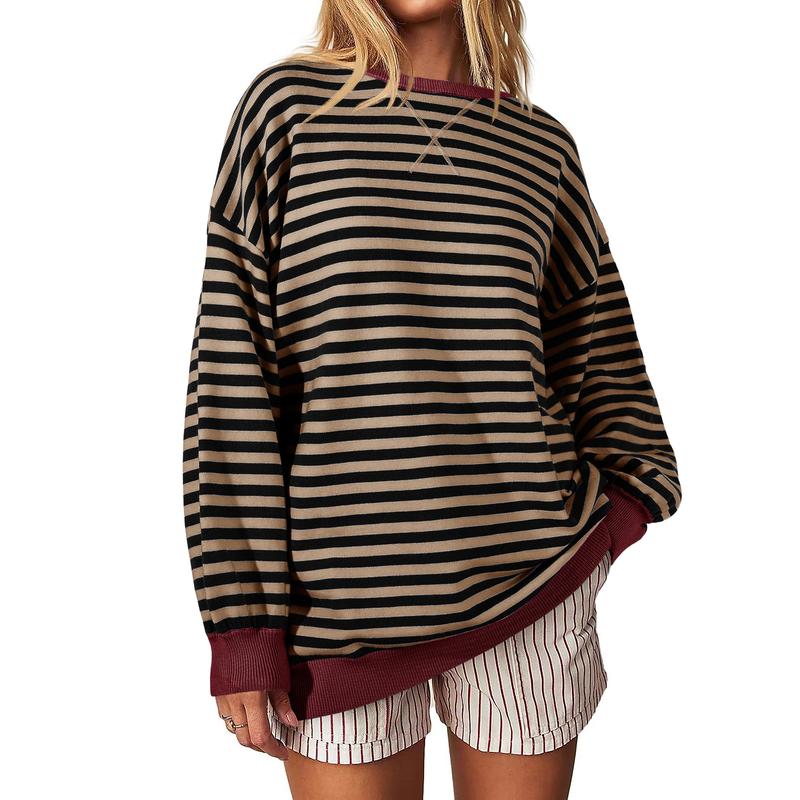 Fisoew Womens Striped Oversized Sweaters Color Block 2024 Fall Trendy Crew Neck Puff Sleeve Tunic Sweater