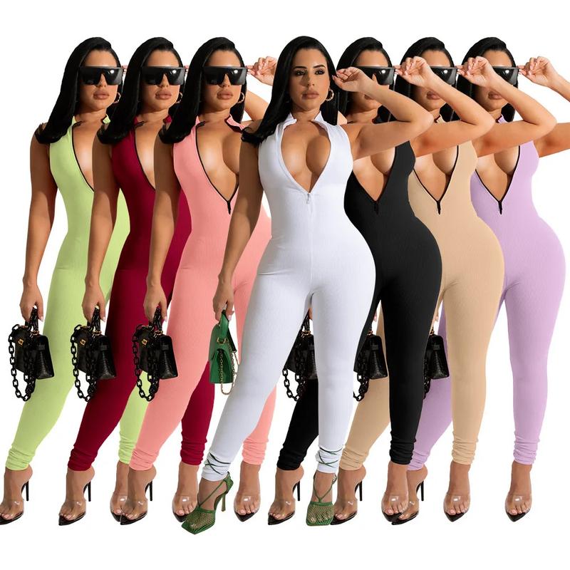 W86007 fashion casual sleeveless solid zipper women jumpsuits