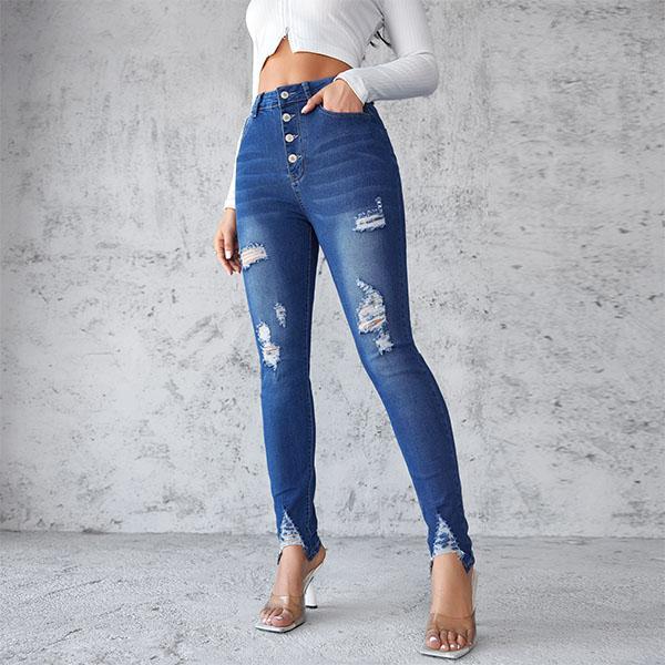 MNLYBABY High Waist Skinny Jeans Women Slim Blue Buttoned Pencil Pants Breathable Casual Comfort Cotton Denim Womenswear Leg Cropped Formal