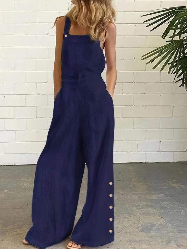 Women's Plain Pocket Button Overall Jumpsuit, Casual Sleeveless Straight Leg Jumpsuit for Daily Wear, Ladies Clothes for All Seasons