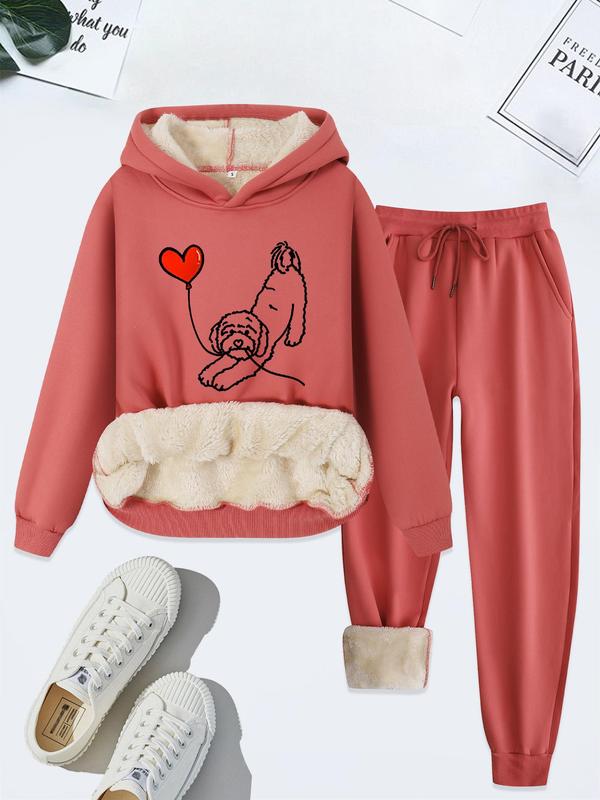 Women's Heart & Dog Print Hoodie & Drawstring Waist Sweatpants Thermal Lined Set, Casual Long Sleeve Hooded Sweatshirt & Pocket Jogger Pants, Women's Fall & Winter Clothes