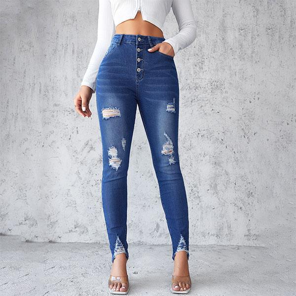 MNLYBABY High Waist Skinny Jeans Women Slim Blue Buttoned Pencil Pants Breathable Casual Comfort Cotton Denim Womenswear Leg Cropped Formal