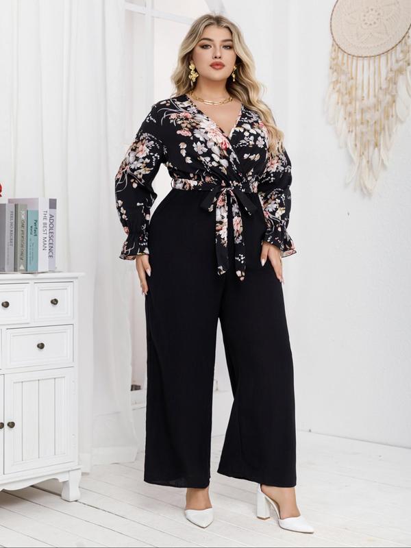  Floral Print Belted Wrap Flounce Sleeve Jumpsuit, Casual V Neck Long Sleeve Wide Leg Jumpsuit for Fall & Winter, Women's Clothes for Daily Wear