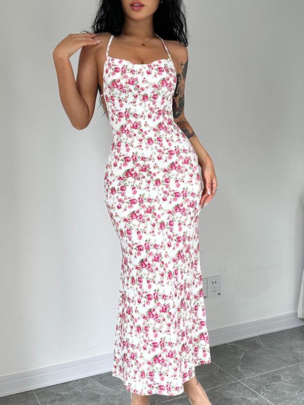 Women's Back To School Ditsy Floral Print Backless Split Thigh Vintage Cami Dress, Casual Tie Back Halter Neck Long Dress for Summer, Summer Outfits, Dress in Club, Dresses for Women, Fashion Women's Dress for Beach Holiday, Women's Clothing