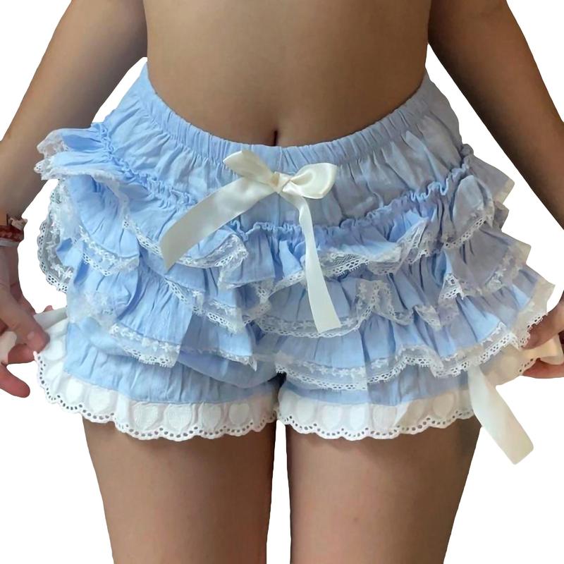 Women Cute Bow Front Elastic Lounge Shots High Waist Lace Trim Ruched Layered Pajama Shorts Bloomers Mini Shorts Skirts Bubble Skirts Pumpkin Shorts Pants y2k Shorts Homewear