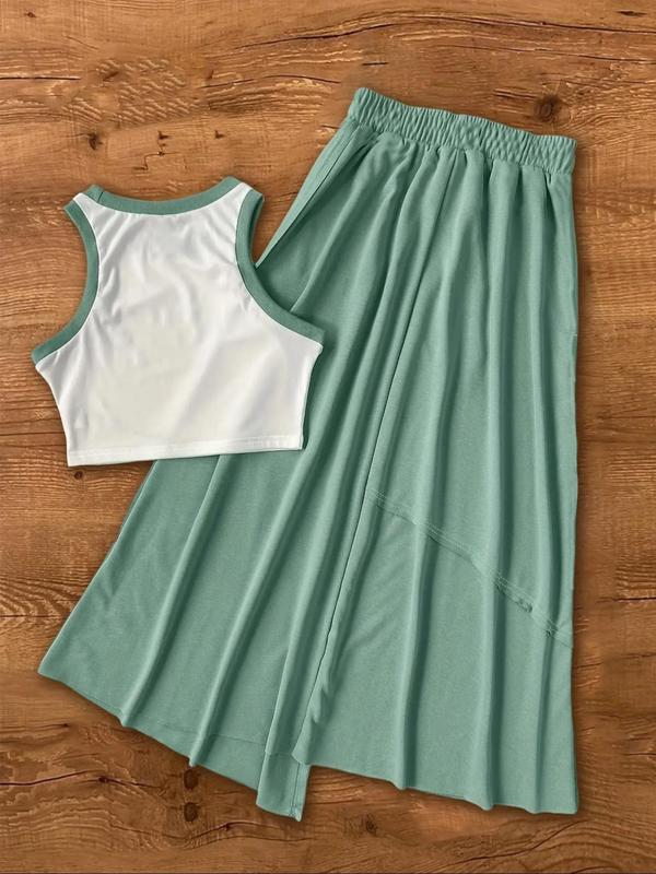 Women's Contrast Binding Crop Tank Top & Drawstring Waist Skirt Two-piece Set, Casual Sleeveless Round Neck Top & Plain Asymmetrical Hem Skirt for Summer, Women's Clothes for Daily Wear