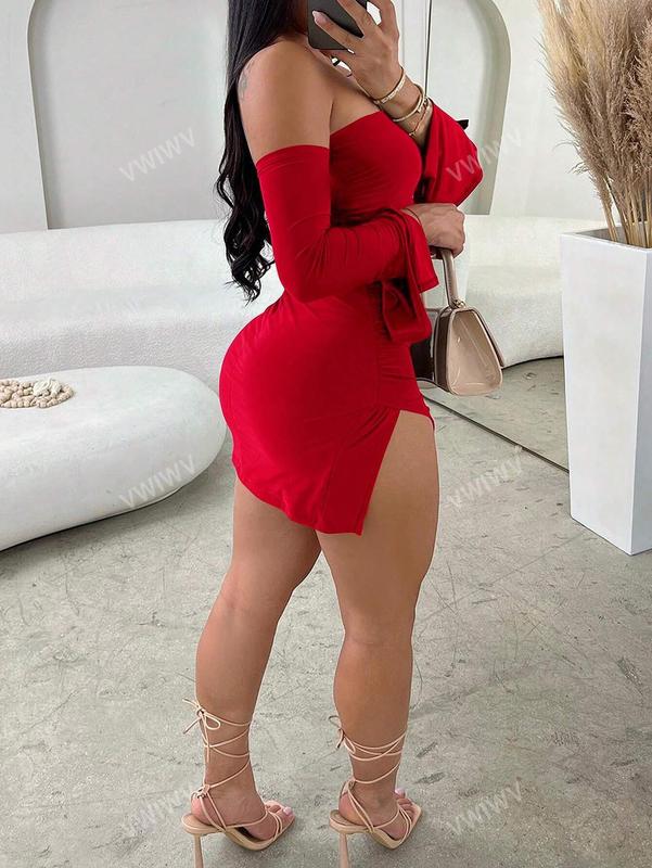 Women's Elegant Strapless Thigh-Slit Mini Dress For A Romantic Dance Party christmas dress velvet dress