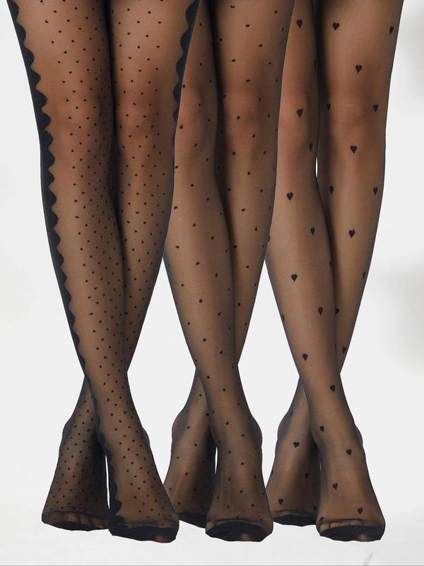 Women's 3 Pairs Polka Dot & Heart Print Sheer Tights, Summer 2024 Comfy Breathable High Stretch Pantyhose for Daily Outdoor Wear, Women's Stockings for Spring & Summer