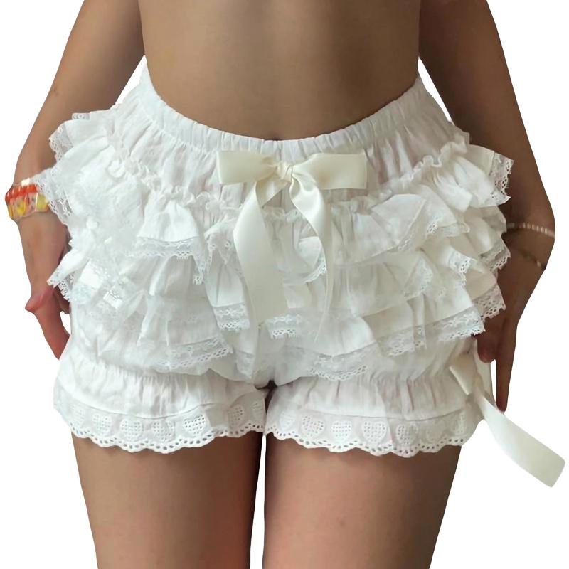 Women Cute Bow Front Elastic Lounge Shots High Waist Lace Trim Ruched Layered Pajama Shorts Bloomers Mini Shorts Skirts Bubble Skirts Pumpkin Shorts Pants y2k Shorts Homewear