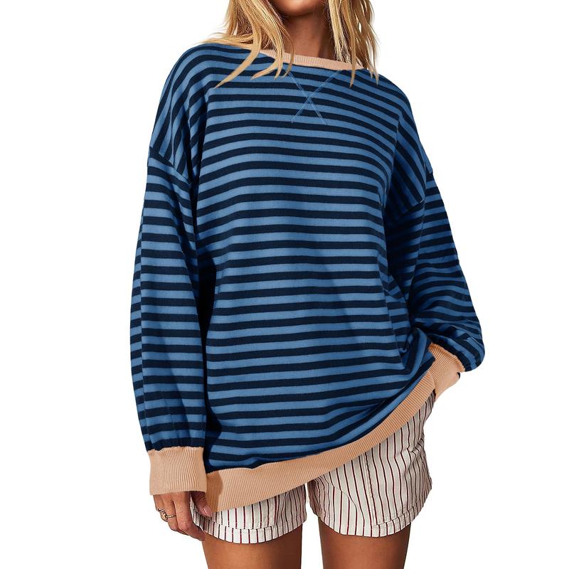 Fisoew Womens Striped Oversized Sweaters Color Block 2024 Fall Trendy Crew Neck Puff Sleeve Tunic Sweater