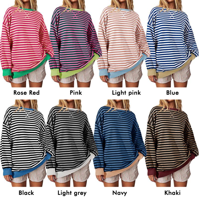 Fisoew Womens Striped Oversized Sweaters Color Block 2024 Fall Trendy Crew Neck Puff Sleeve Tunic Sweater