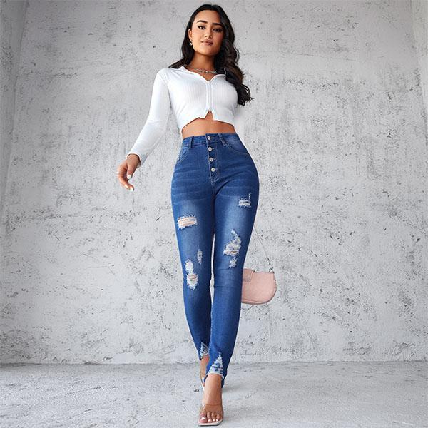 MNLYBABY High Waist Skinny Jeans Women Slim Blue Buttoned Pencil Pants Breathable Casual Comfort Cotton Denim Womenswear Leg Cropped Formal