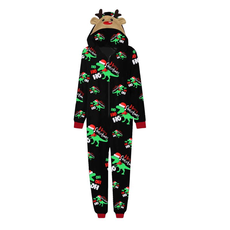 Christmas Family Matching Jumpsuit, Long Sleeve Hooded Dinosaur Print Zipper Closure Loungewear