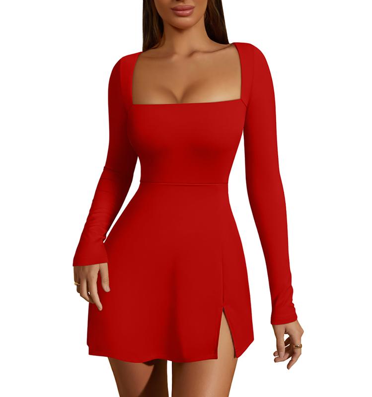 HYZ Women's Sexy Square Neck Long Sleeve Side Slit Flare Party Mini Dress