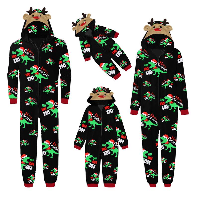 Christmas Family Matching Jumpsuit, Long Sleeve Hooded Dinosaur Print Zipper Closure Loungewear