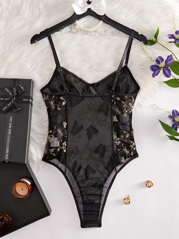 Women's Floral & Butterfly Embroidery Lace Up Sheer Sexy Bodysuit, Summer Wear, Adjustable Strap Backless Sleeveless Bodysuit for Summer, Fashion Women's Clothes for Daily Wear, Birthday Gifts