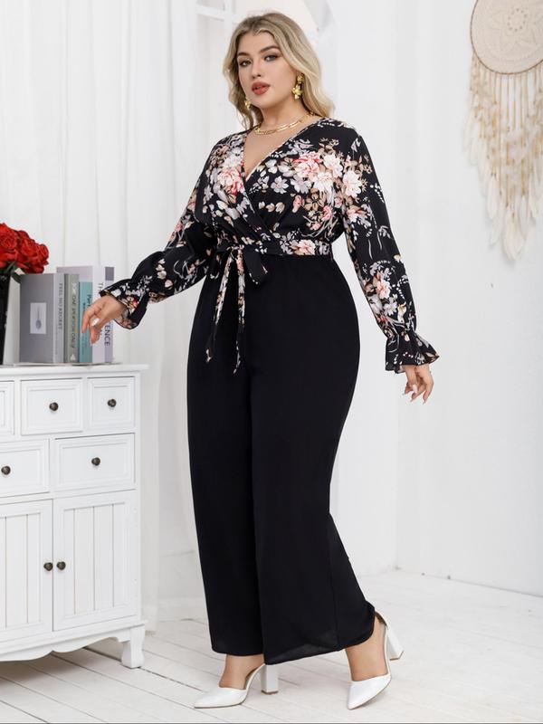  Floral Print Belted Wrap Flounce Sleeve Jumpsuit, Casual V Neck Long Sleeve Wide Leg Jumpsuit for Fall & Winter, Women's Clothes for Daily Wear