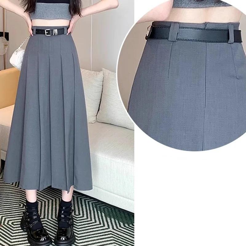 2024 Women Vintage Solid Color JK Long Skirts Girls Elegant Comfortable Leisure Dress Female Sweet A Line Zipper Pleated Skirts