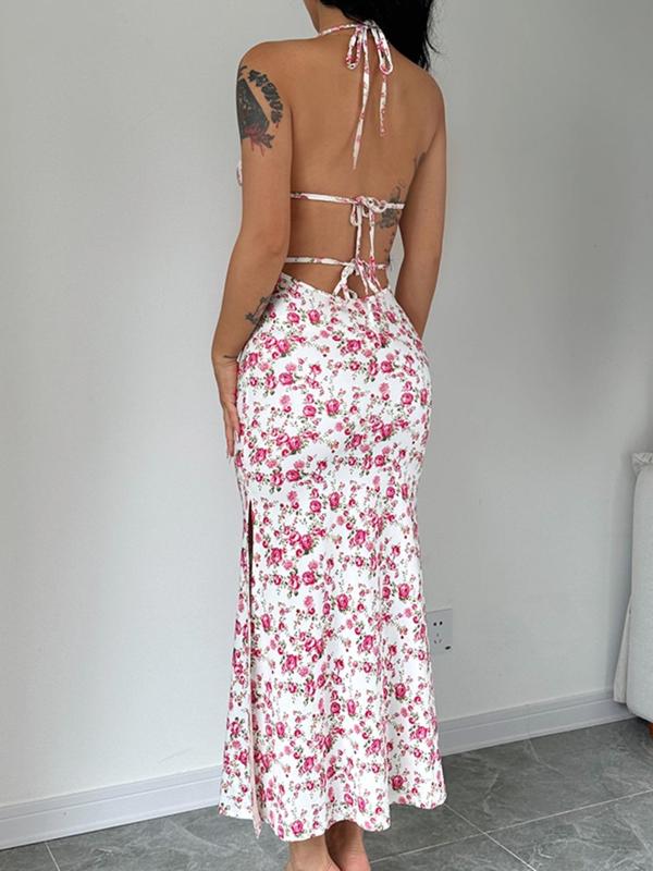 Women's Back To School Ditsy Floral Print Backless Split Thigh Vintage Cami Dress, Casual Tie Back Halter Neck Long Dress for Summer, Summer Outfits, Dress in Club, Dresses for Women, Fashion Women's Dress for Beach Holiday, Women's Clothing