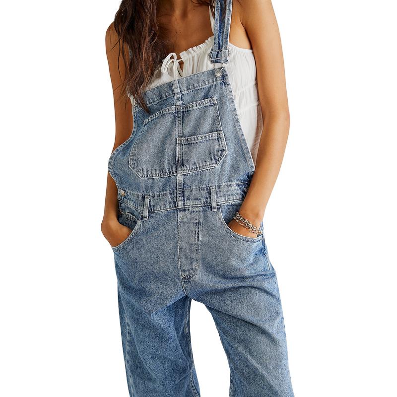 Women Denim Long Jumpsuit Casual Spaghetti Strap Wide Leg Romper Pants Summer Baggy Bib Overalls Womenswear Mum Sleeveless Tops