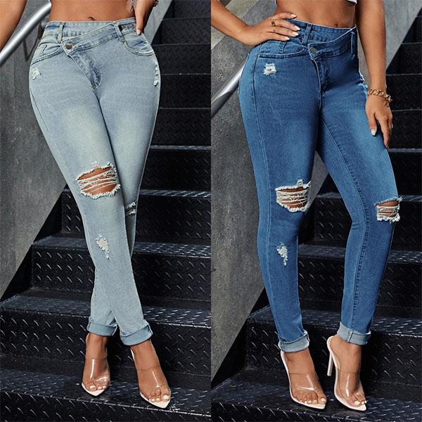 MNLYBABY High Waist Skinny Jeans Women Slim Blue Buttoned Pencil Pants Breathable Casual Comfort Cotton Denim Womenswear Leg Cropped Formal