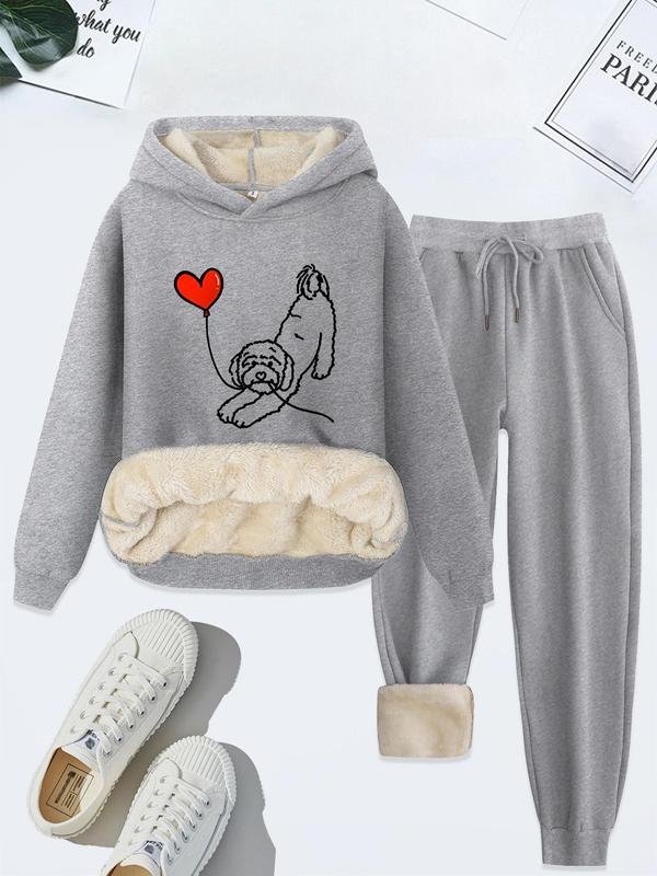 Women's Heart & Dog Print Hoodie & Drawstring Waist Sweatpants Thermal Lined Set, Casual Long Sleeve Hooded Sweatshirt & Pocket Jogger Pants, Women's Fall & Winter Clothes