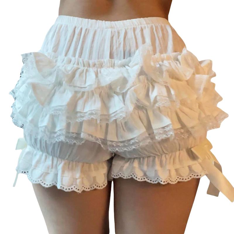 Women Cute Bow Front Elastic Lounge Shots High Waist Lace Trim Ruched Layered Pajama Shorts Bloomers Mini Shorts Skirts Bubble Skirts Pumpkin Shorts Pants y2k Shorts Homewear