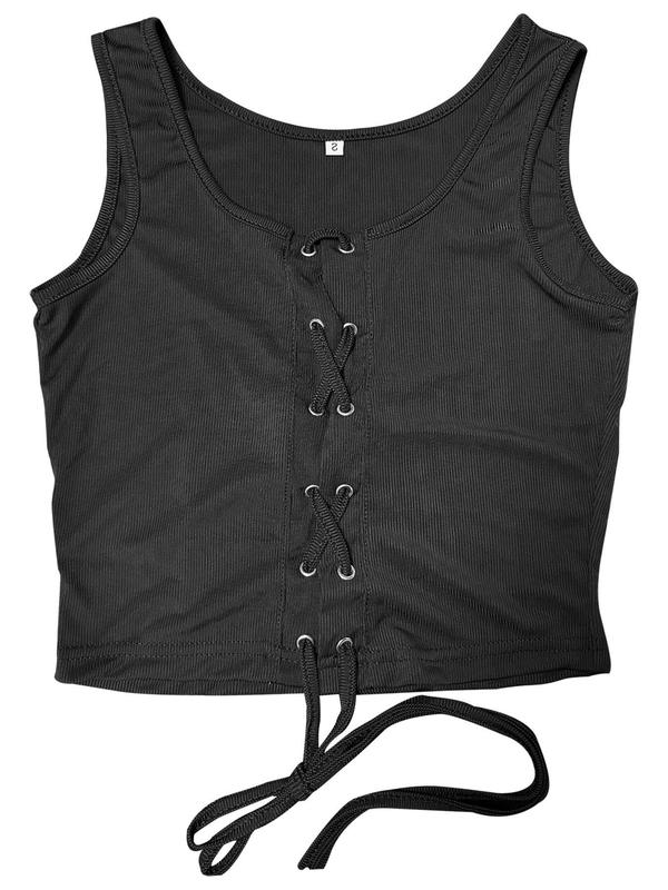 Women's Plain Lace Up Crop Tank Top, Casual Sleeveless Round Neck Top for Summer, Ladies Clothes for Daily Wear