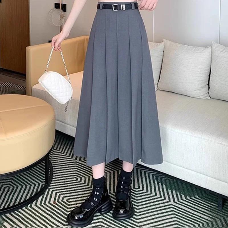 2024 Women Vintage Solid Color JK Long Skirts Girls Elegant Comfortable Leisure Dress Female Sweet A Line Zipper Pleated Skirts