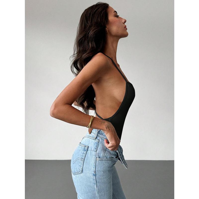 Minimalist Commuter Young Casual Holder Backless Skinny Apricot Women Bodysuit camisole top sexy tights Women's Sexy Sleeveless Leotard Bodysuit