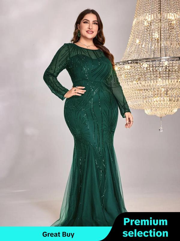 Plus Size Contrast Mesh Sequin Evening Dress, Birthday Dresses 2024,  Holiday Dresses, Elegant Formal Wear, Long Sleeve Round Neck Mermaid Dress for Party Formal Occasions, Women's Clothes for Spring & Fall, Birthday Outfit Black Girl