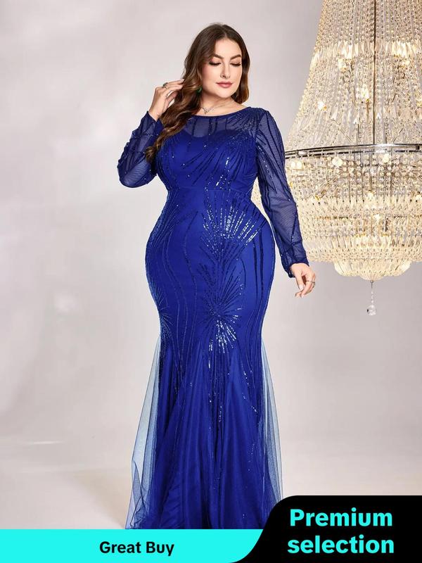 Plus Size Contrast Mesh Sequin Evening Dress, Birthday Dresses 2024,  Holiday Dresses, Elegant Formal Wear, Long Sleeve Round Neck Mermaid Dress for Party Formal Occasions, Women's Clothes for Spring & Fall, Birthday Outfit Black Girl