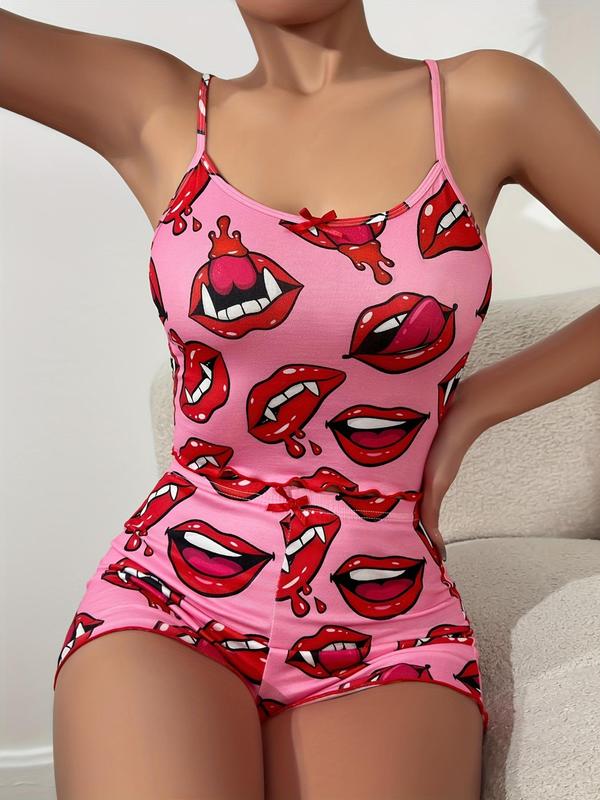 Women's All Over Lip Print Bow Decor Crop Cami Top & Shorts Pyjama Set, Casual Comfy Lettuce Trim Criss Cross Sleeveless Top & Elastic Waist Shorts PJ Set, Ladies Sleepwear for All Seasons