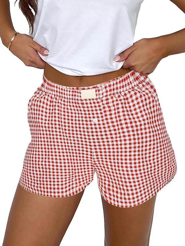 Women's Plaid Print Patched DecorButton FrontElastic Waist Shorts,Casual Comfy Straight LegShorts forSummer, Ladies Back ToSchoolBottoms for Daily Wear, Shortsfor Women,Downtown Girl ClothesPreppy 80s Clothes