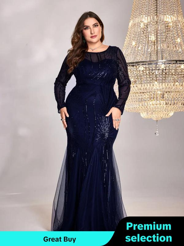 Plus Size Contrast Mesh Sequin Evening Dress, Birthday Dresses 2024,  Holiday Dresses, Elegant Formal Wear, Long Sleeve Round Neck Mermaid Dress for Party Formal Occasions, Women's Clothes for Spring & Fall, Birthday Outfit Black Girl