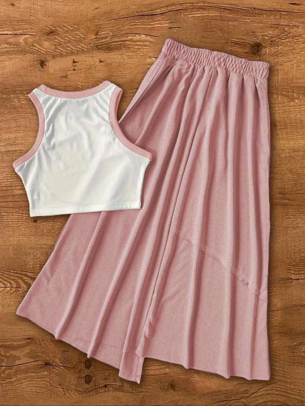 Women's Contrast Binding Crop Tank Top & Drawstring Waist Skirt Two-piece Set, Casual Sleeveless Round Neck Top & Plain Asymmetrical Hem Skirt for Summer, Women's Clothes for Daily Wear