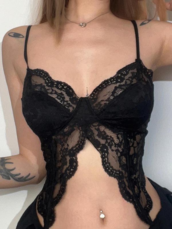 Women's Solid Contrast Lace Asymmetrical Hem Sheer Cami Top, Summer Femboy Sissy Goth Outfit, Elegant Fashion Casual Spaghetti Strap Top for Outdoor Wear, Going Out Tops, Tops for Women, Summer Outfits 2024