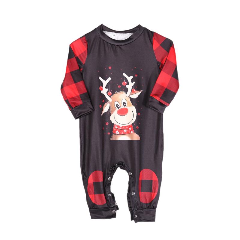 Classic Christmas Costume Family Matching Deer Plaid Print Pajamas Sets Round Neck Parent-child Clothing Xmas Pj's Clothes Homewear Sleepwear Loungewear Cotton Womenswear