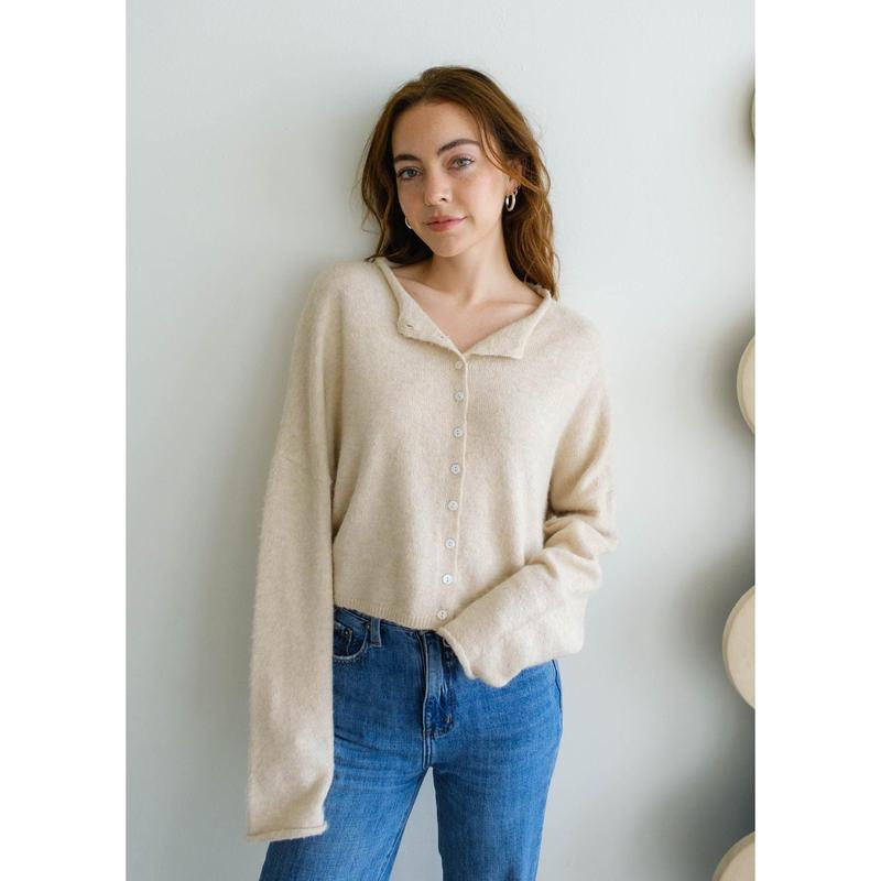 Women Casual Cardigan Sweater Lightweight Loose Crewneck Button Down Long Sleeve Basic Knit Tops Knitwear Womenswear Chic Comfortable