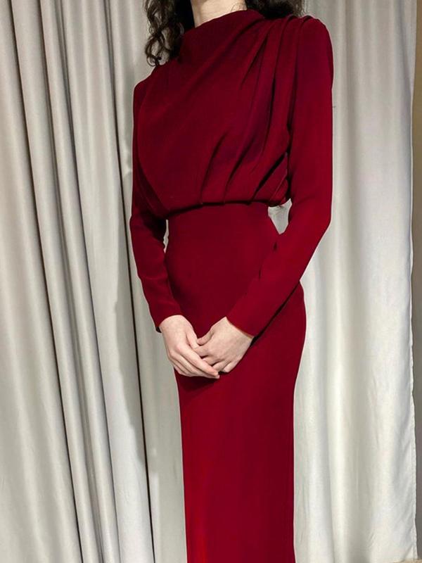 Women's Plain Ruched Stand Collar Dress, Elegant Long Sleeve Long Dress for Party Holiday Wedding Guest, Ladies Fall & Winter Clothes